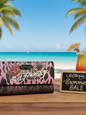 Ed Hardy Pink Leopard Floral Heart Signature Wallet-NWT